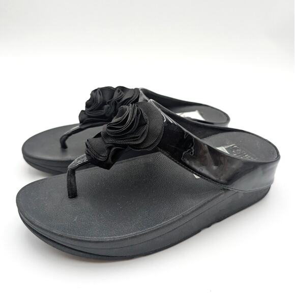 FitFlop Florrie Toe-Thong Wedge Sandal Women's Slip-On Black Size US7 EU38 - Picture 1 of 12